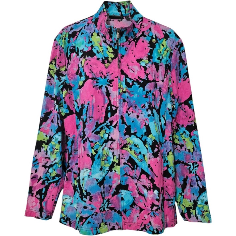 Additions by Chicos Abstract Floral Full Zip Jacket Pink Blue Size 3 Artsy